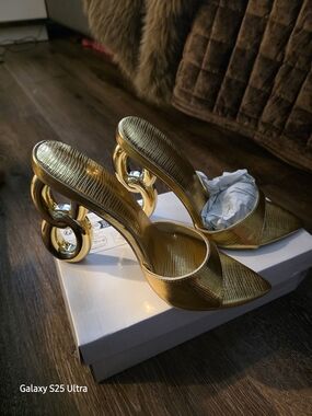 Gold Sculptural Heel Pointed Toe Women's Mules